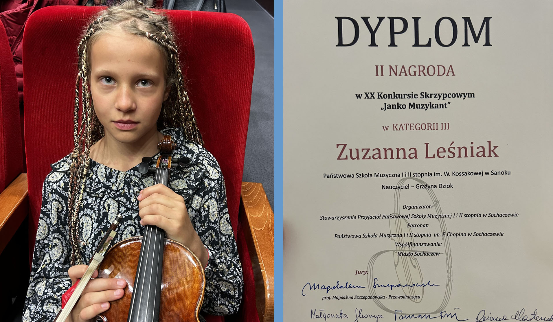 Zuzanna zdobyła II miejsce podczas XX Konkursu Skrzypcowego „Janko Muzykant”.