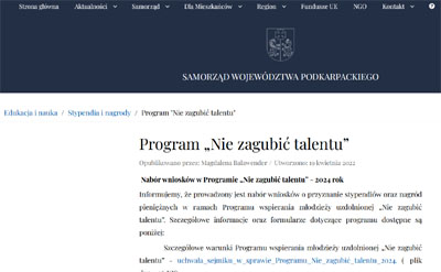 „Nie zgubić TALENTU” – Program Samorządu Województwa Podkarpackiego…