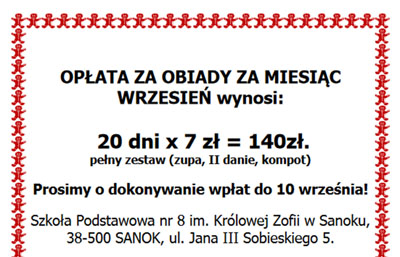 Opłata za obiady we WRZEŚNIU…