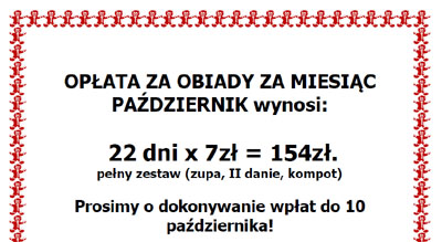 Opłata za obiady w PAŹDZIERNIKU…