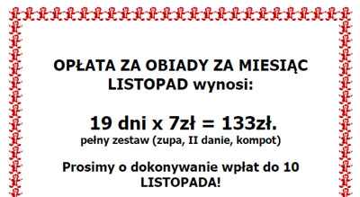 Opłata za obiady w LISTOPADZIE…