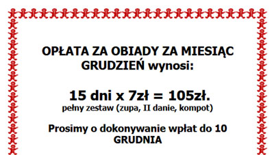 Opłata za obiady w GRUDNIU…