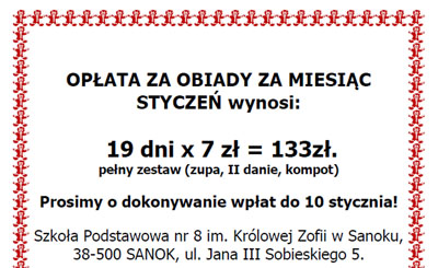 Opłata za obiady w STYCZNIU…