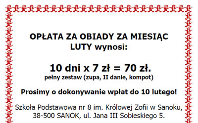 Opłata za obiady w LUTYM…