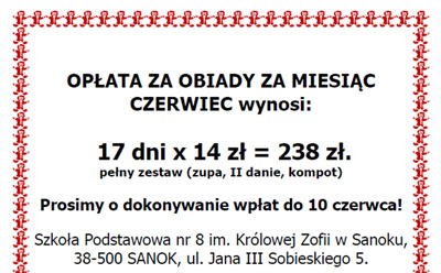 Opłata za obiady w CZERWCU…