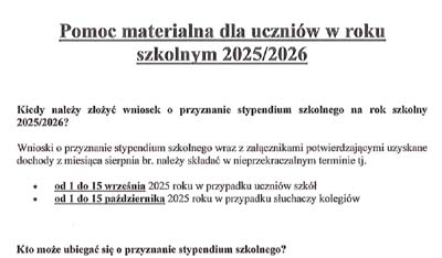 Pomoc materialna dla uczniów w roku szkolnym 2025/2026
