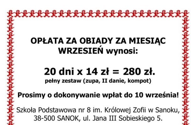 Opłata za obiady we WRZEŚNIU 2025…