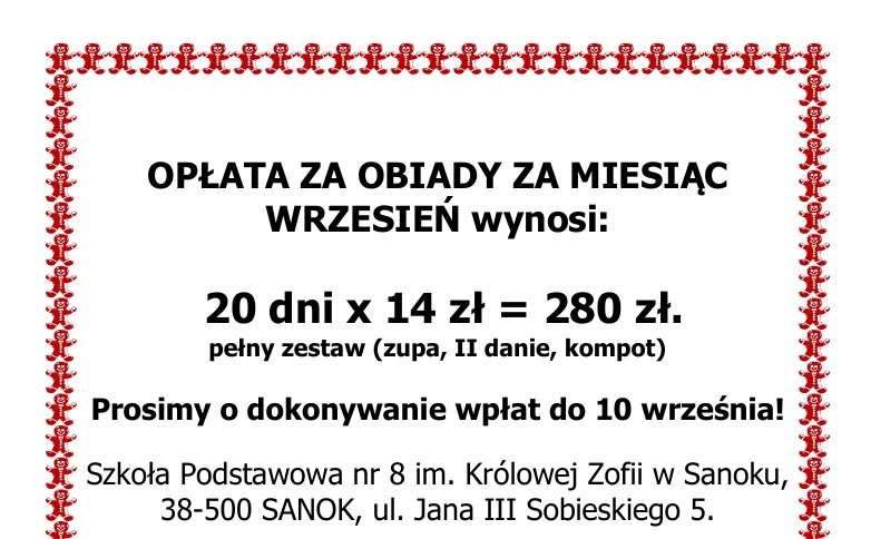 Opłata za obiady we WRZEŚNIU 2025…