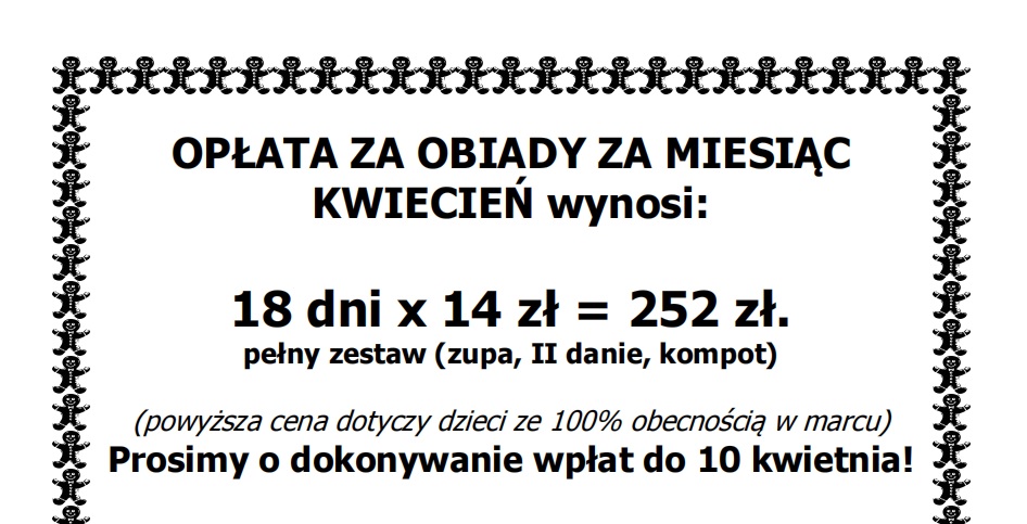 Opłata za obiady w KWIETNIU 2026…