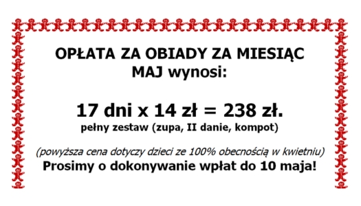 Opłata za obiady w MAJU 2026…