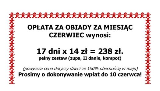 Opłata za obiady w CZERWCU 2026…
