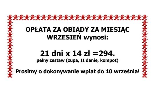 Opłata za obiady we WRZEŚNIU 2026…